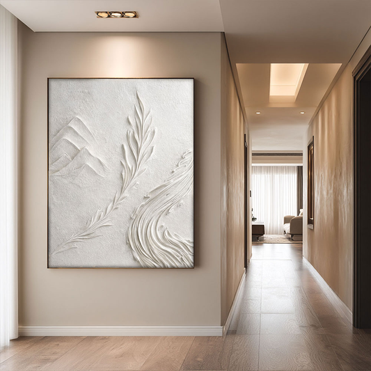 Minimalist 3D Relief Nature-Inspired Plaster Wall Art – Soft White Beige Tone Mountain Leaf Wave Textured Artwork for Modern and Wabi-Sabi Inspired Living Spaces, Calming Bedroom, Professional Office, Cozy Hallway, Elegant Dining Room