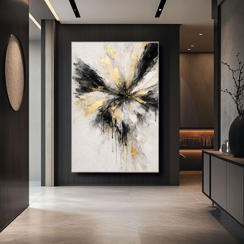 Modern Abstract Black White Gold Impasto Wall Art, Radial Splash Textured Canvas Painting, Thick Knife Brush Marks Framed Artwork for Living Room Bedroom Office Hallway Dining Room, Contemporary Minimalist Home Decor Accent