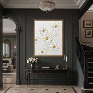 White and Gold Flower and Tree Textured Acrylic-Style 3D Relief Vertical Wall Art for Living Room Bedroom