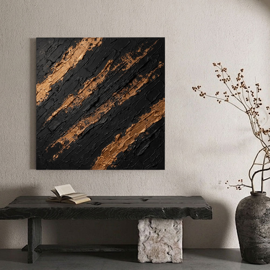 Black and Gold Abstract Impasto Textured Wall Art, Luxury Thick Paint Stacking Knife Marks Diagonal Lines Artwork, Modern Minimalist Canvas Decor for Office Hallway Dining Room Bedroom Living Room