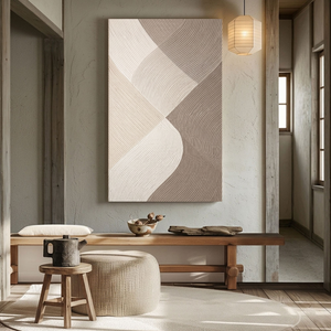 Modern Minimalist Abstract Curved Waves Neutral Beige Brown White Textured Framed Wall Art, Elegant Handcrafted Geometric Line Painting for Contemporary Home Decor