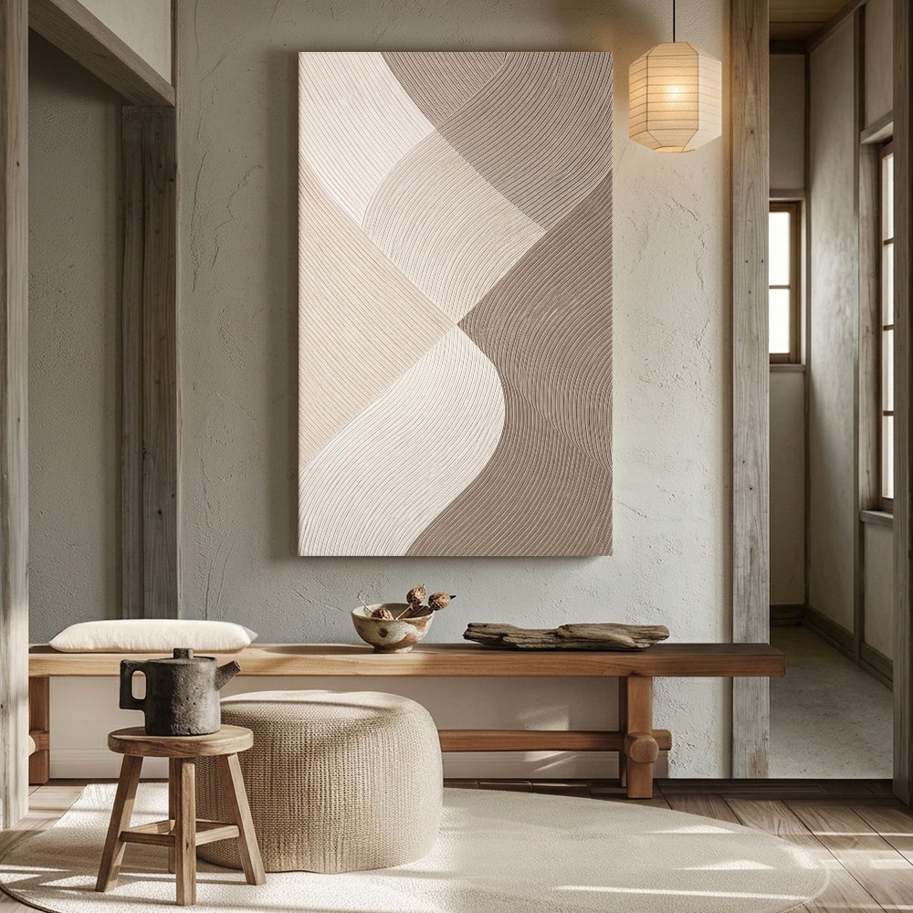 Modern Minimalist Abstract Curved Waves Neutral Beige Brown White Textured Framed Wall Art, Elegant Handcrafted Geometric Line Painting for Contemporary Home Decor