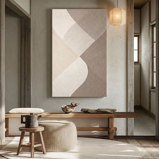 Modern Minimalist Abstract Curved Waves Neutral Beige Brown White Textured Framed Wall Art, Elegant Handcrafted Geometric Line Painting for Contemporary Home Decor