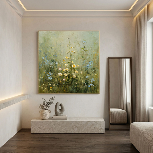 Vintage Wildflower Meadow Textured Impasto Wall Art, Soft Green Beige White Rustic Floral Landscape Painting, Nature Inspired Framed Artwork for Living Room Bedroom Dining Room Hallway Office