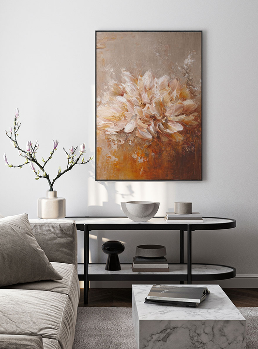Elegant Vintage Soft Pink Beige Brown Floral Textured Wall Art, Muted Impasto Flower Bouquet Canvas Artwork for Cozy Home Decor, Perfect for Living Room Bedroom Dining Room Hallway Office