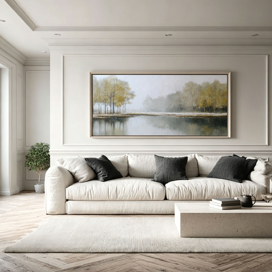Tranquil Misty Lakeside Trees Canvas Wall Art – Serene Vintage Landscape with Soft Water Reflections, Earthy Tones, Framed Modern Rustic Decor for Calm Spaces