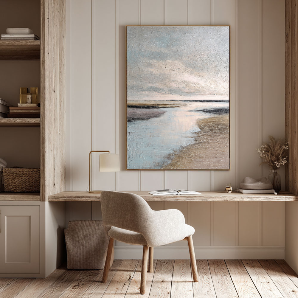Serene Textured Coastal Horizon Landscape Impasto Wall Art Muted Light Grey Soft Blue Warm Beige Earthy Brown Sand Beach Seaside Calming Ocean Sky Scenery for Modern Living Room Bedroom Office Dining Room Hallway Decor