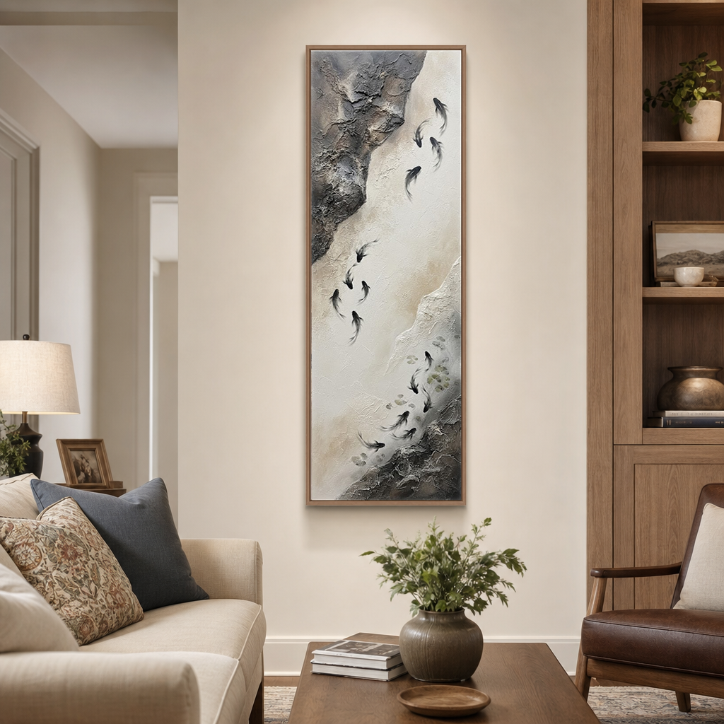 Minimalist Textured Koi Fish Vertical Framed Wall Art, Neutral Black White Beige Dark Grey Swimming Fish Nature Inspired Artwork for Modern Home Decor