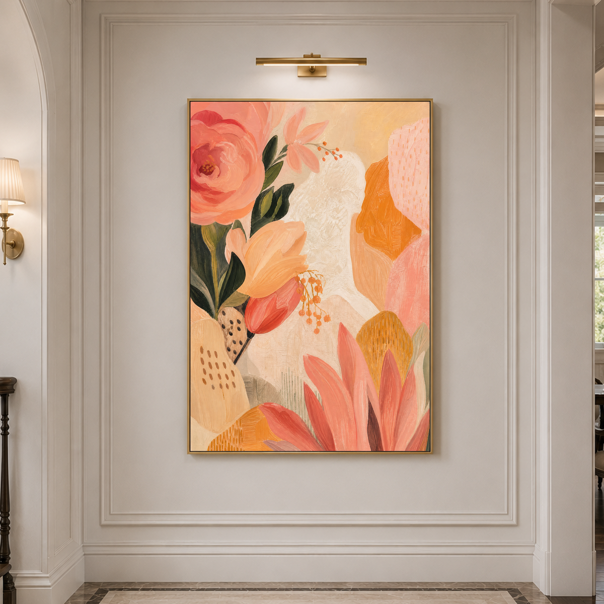 Warm Abstract Floral Wall Art with Peonies Tulips & Geometric Shapes Soft Pink Beige Orange Green Botanical Print for Modern Home Decor