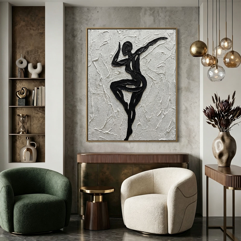 Black and White Textured Impasto Dancing Female Figure Portrait Minimalist Modern Bold Line Wall Art Decor for Living Room Bedroom Office Dining Room Hallway