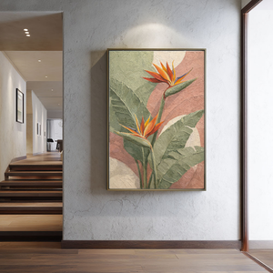 Tropical Bird of Paradise Flower Textured Wall Art, Soft Pink Green White Curved Background Modern Minimalist Botanical Canvas Print, Vibrant Orange Accent Framed Plant Painting for Home Decor