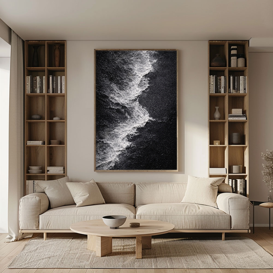 Black and White Abstract Ocean Wave Textured Canvas Wall Art Modern Minimalist Coastal Scene Artwork for Living Room Bedroom Office Hallway Dining Room