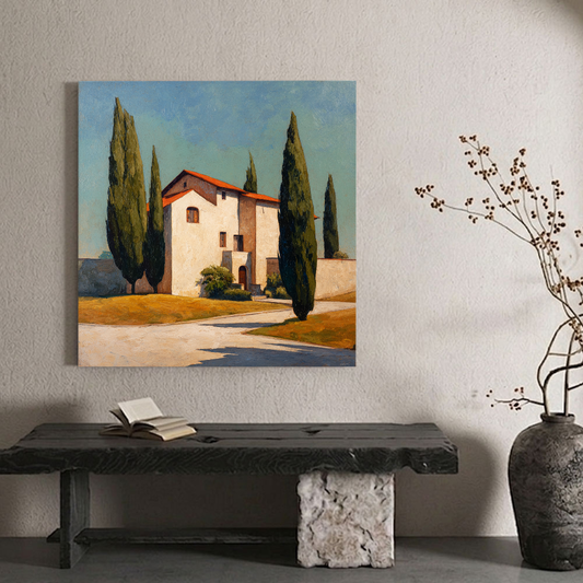 Vintage Tuscan Villa Landscape Wall Art, Mediterranean Cypress Trees Red Terracotta Roof Blue Sky Beige Stone Framed Canvas Print for Home Living Room Bedroom Dining Office Decor