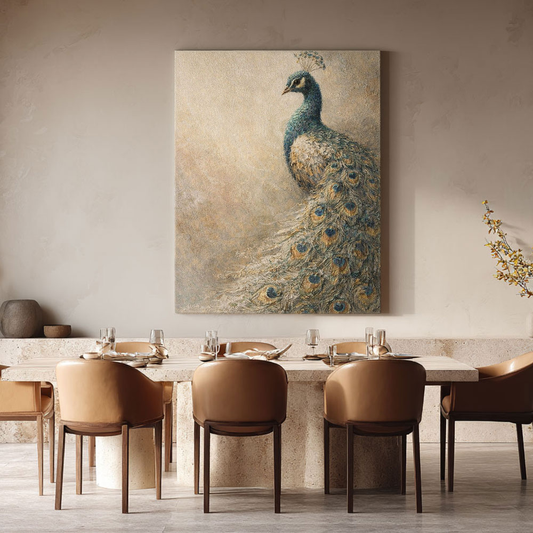 Vintage Elegant Peacock Textured Impasto Oil Painting, Muted Beige Blue Brown Green Peacock Feather Animal Wall Art for Living Room, Office, Bedroom, Dining Room, Hallway