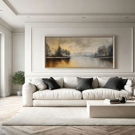 Vintage Landscape Lake Reflection Wall Art Textured Beige Gold Brown Black Framed Panoramic Artwork for Living Room Bedroom Office Dining Hallway Calm Nature Scene with Trees Misty Sky Soft Muted Colors