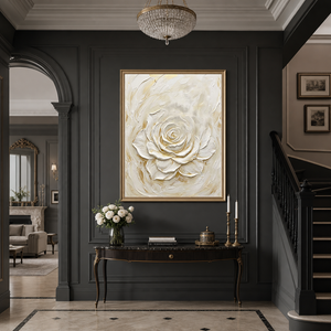 White and Gold Textured Rose Vertical Wall Art for Bedroom or Living Room