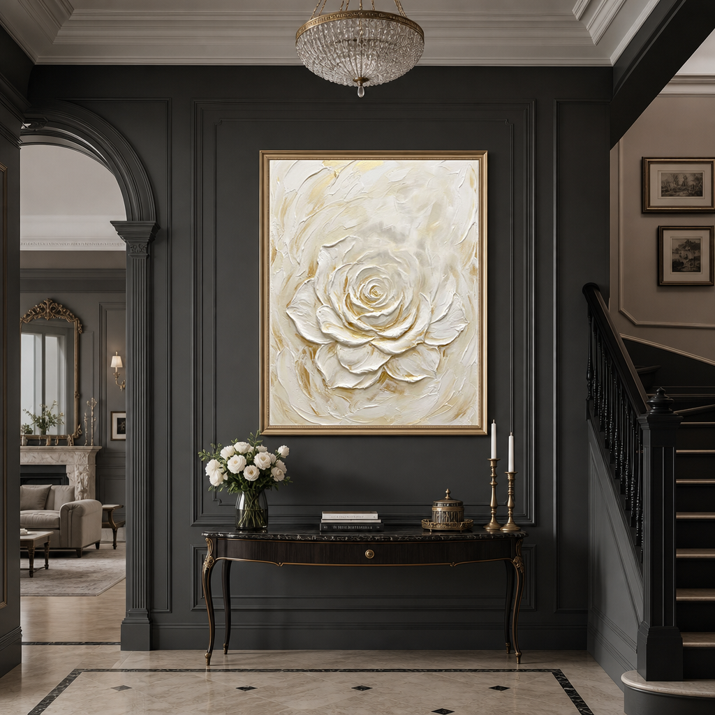 White and Gold Textured Rose Vertical Wall Art for Bedroom or Living Room