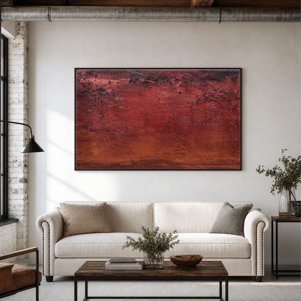 Deep Red Brown Dark Grey Abstract Textured Plaster Wall Art Rich Warm Toned Modern Decorative Artwork for Contemporary Living Spaces Bedroom Dining Room Office Hallway Interior Design