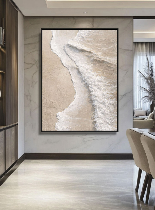 Minimalist Neutral Textured Ocean Beach Wave Canvas Wall Art, Thick Paint Impasto Coastal Landscape Artwork for Modern Home, Beige White Soft Tones Abstract Painting for Living Room Bedroom Office Decor
