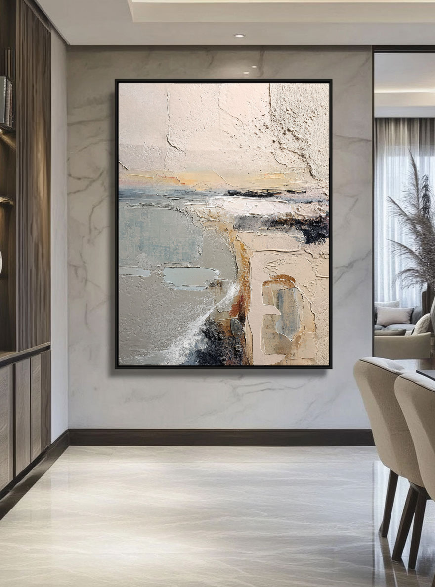 Abstract Neutral Landscape Textured Wall Art - Thick Knife Brush Stroke Minimalist Coastal Scene for Living Room Office Bedroom Dining Room Hallway