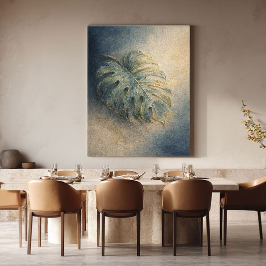 Textured Monstera Leaf Wall Art Framed Abstract Nature Painting, Vintage Style Thick Paint Stacking Artwork for Living Room Bedroom Dining Room Office Hallway, Muted Blue Green Beige Gold Canvas Decor