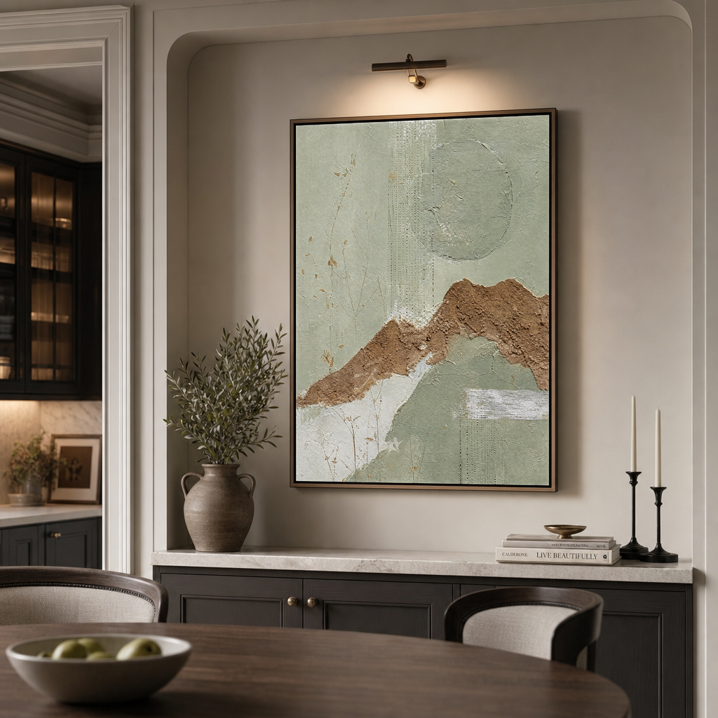 Sage Green Terracotta Abstract Textured Mixed Media Vertical Wall Art for Dining Room Living Room