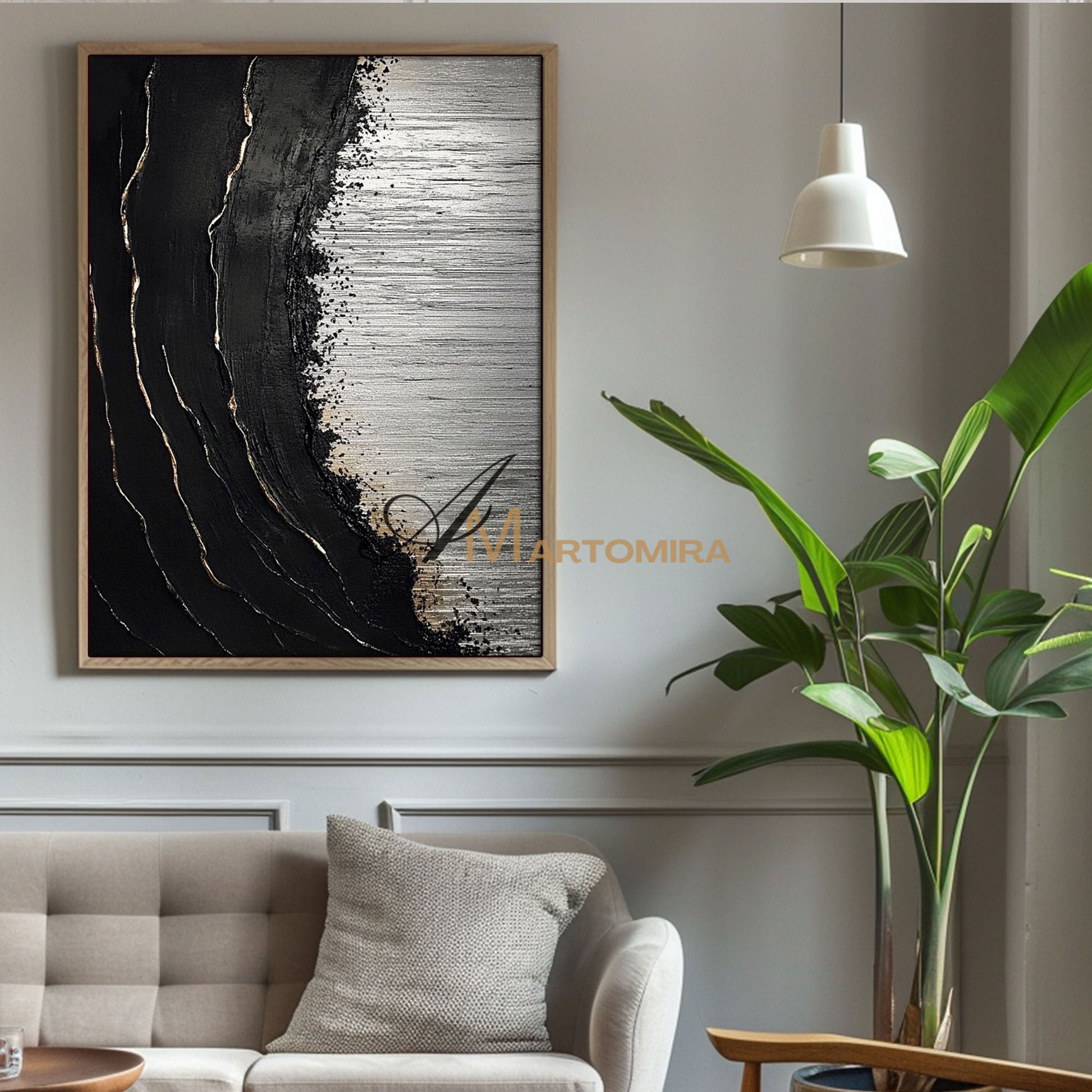 Painting On Beach | Black Textured Art | Beach Landscape Painting | Extra Large Landscape Wall Art #POS053
