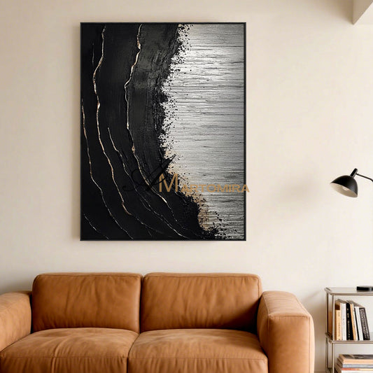 Painting On Beach | Black Textured Art | Beach Landscape Painting | Extra Large Landscape Wall Art #POS053