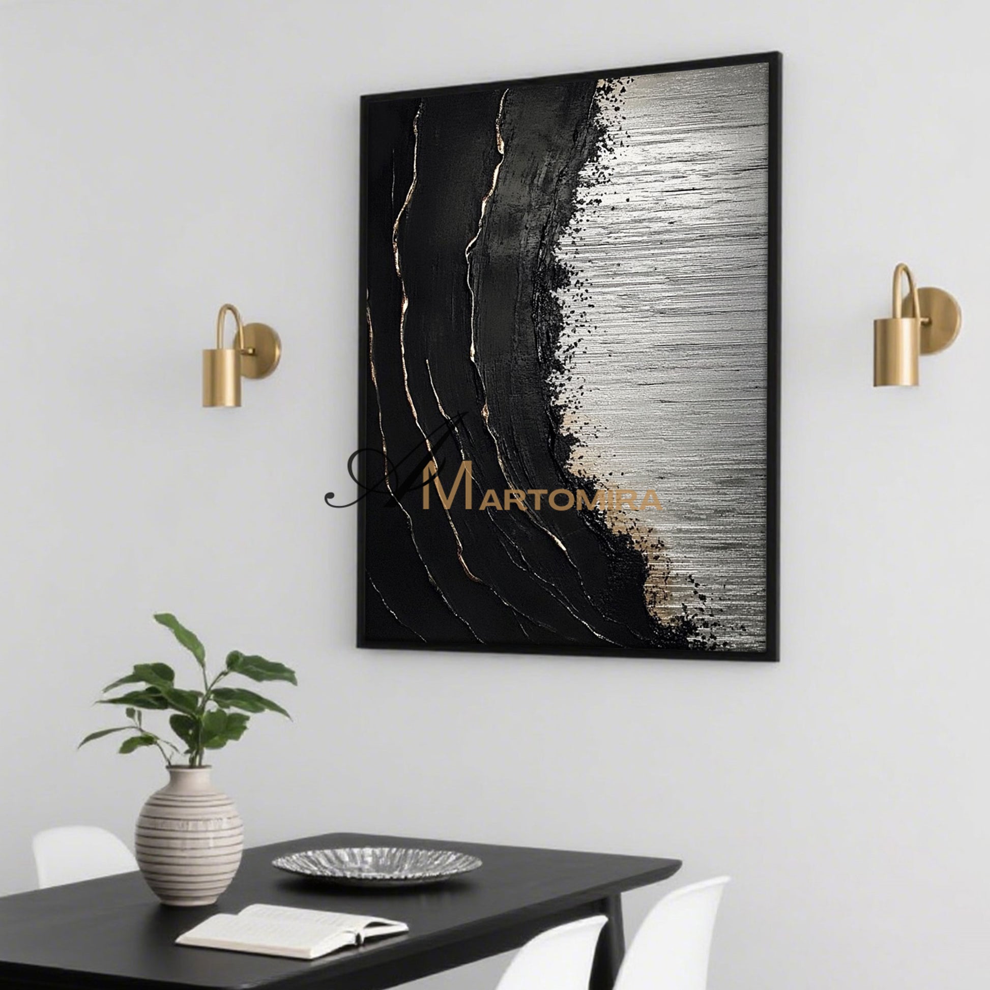 Painting On Beach | Black Textured Art | Beach Landscape Painting | Extra Large Landscape Wall Art #POS053