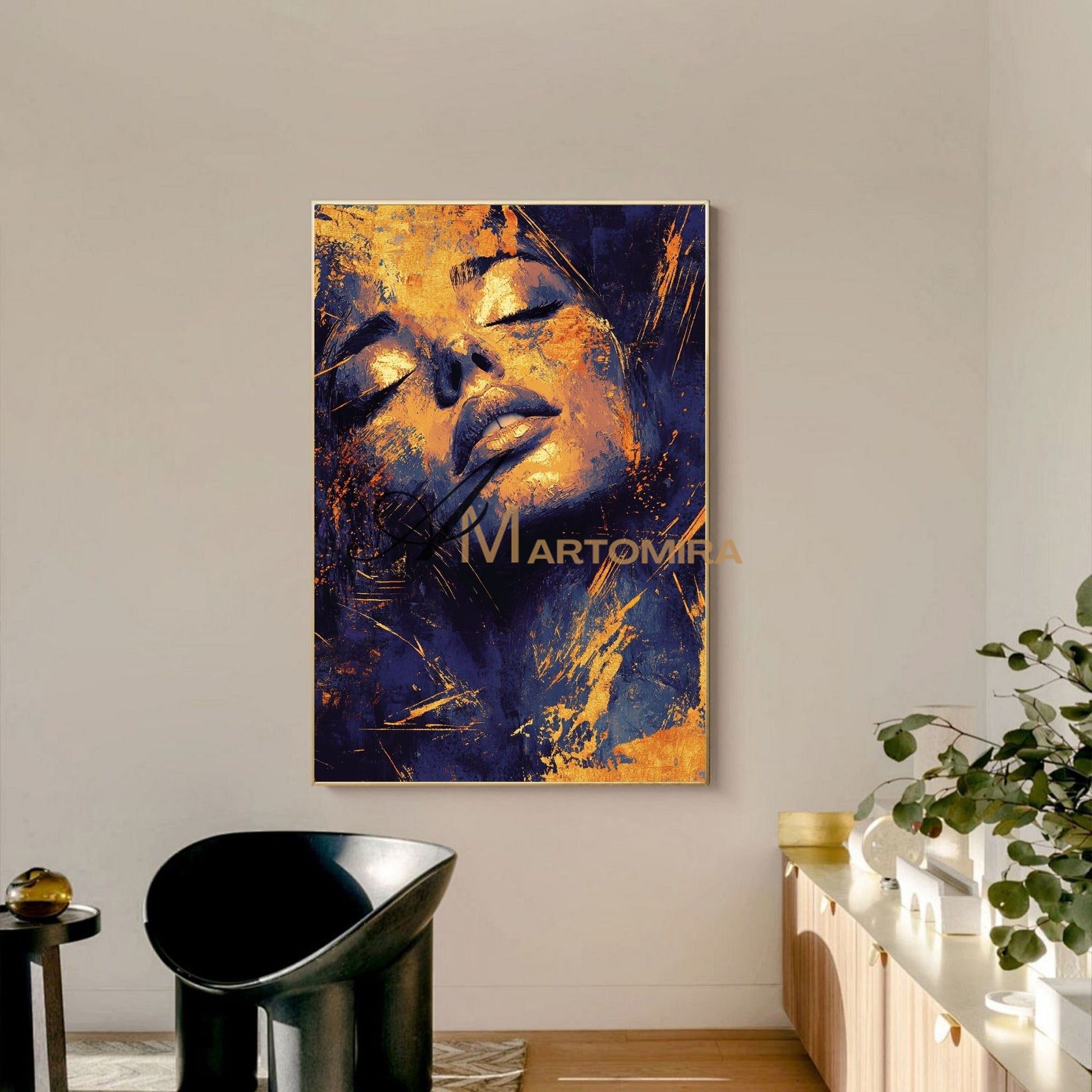 Blue And Gold Wall Art | Abstract Portraits|Canvas Wall Decor | Beautiful Woman Painting #AP005