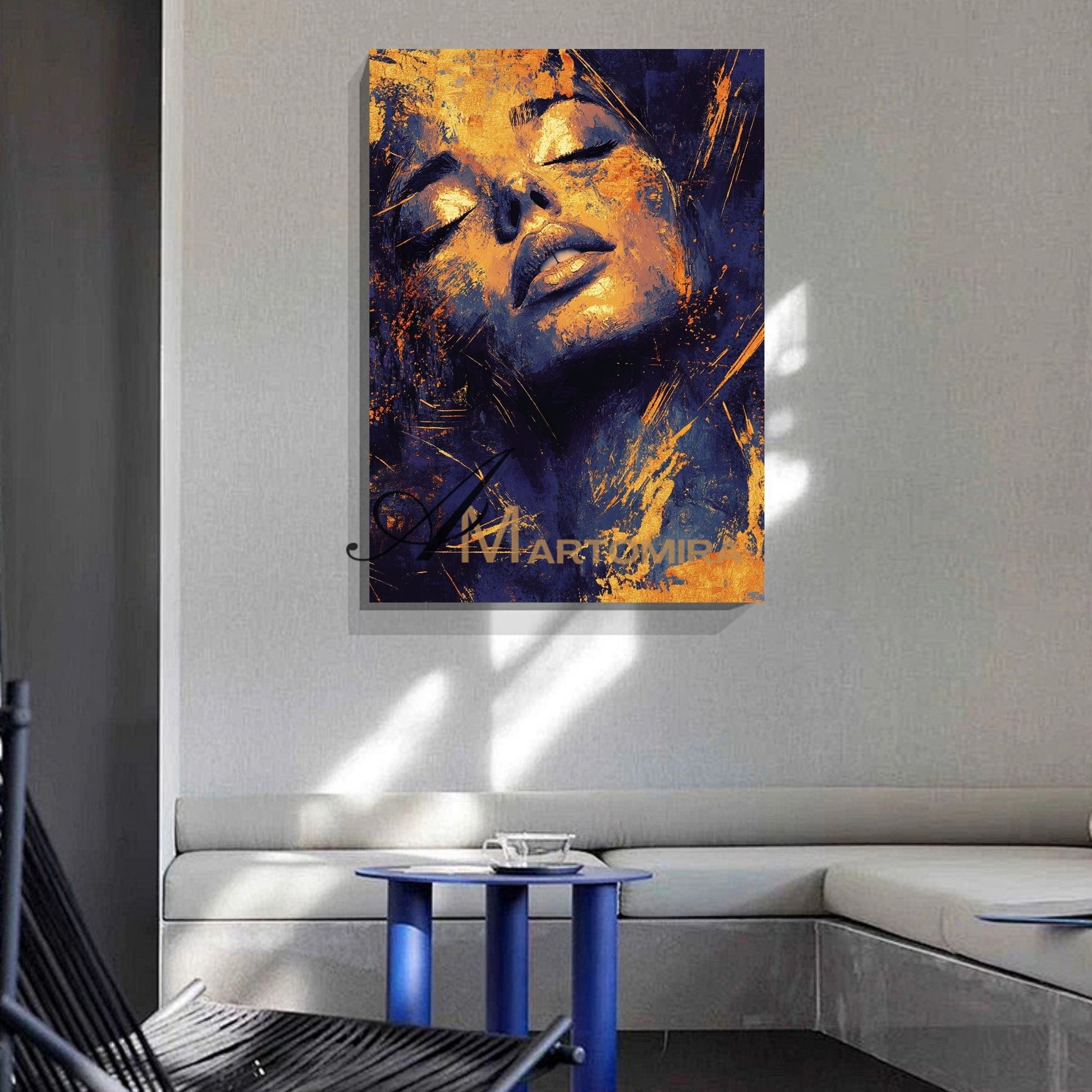 Blue And Gold Wall Art | Abstract Portraits|Canvas Wall Decor | Beautiful Woman Painting #AP005