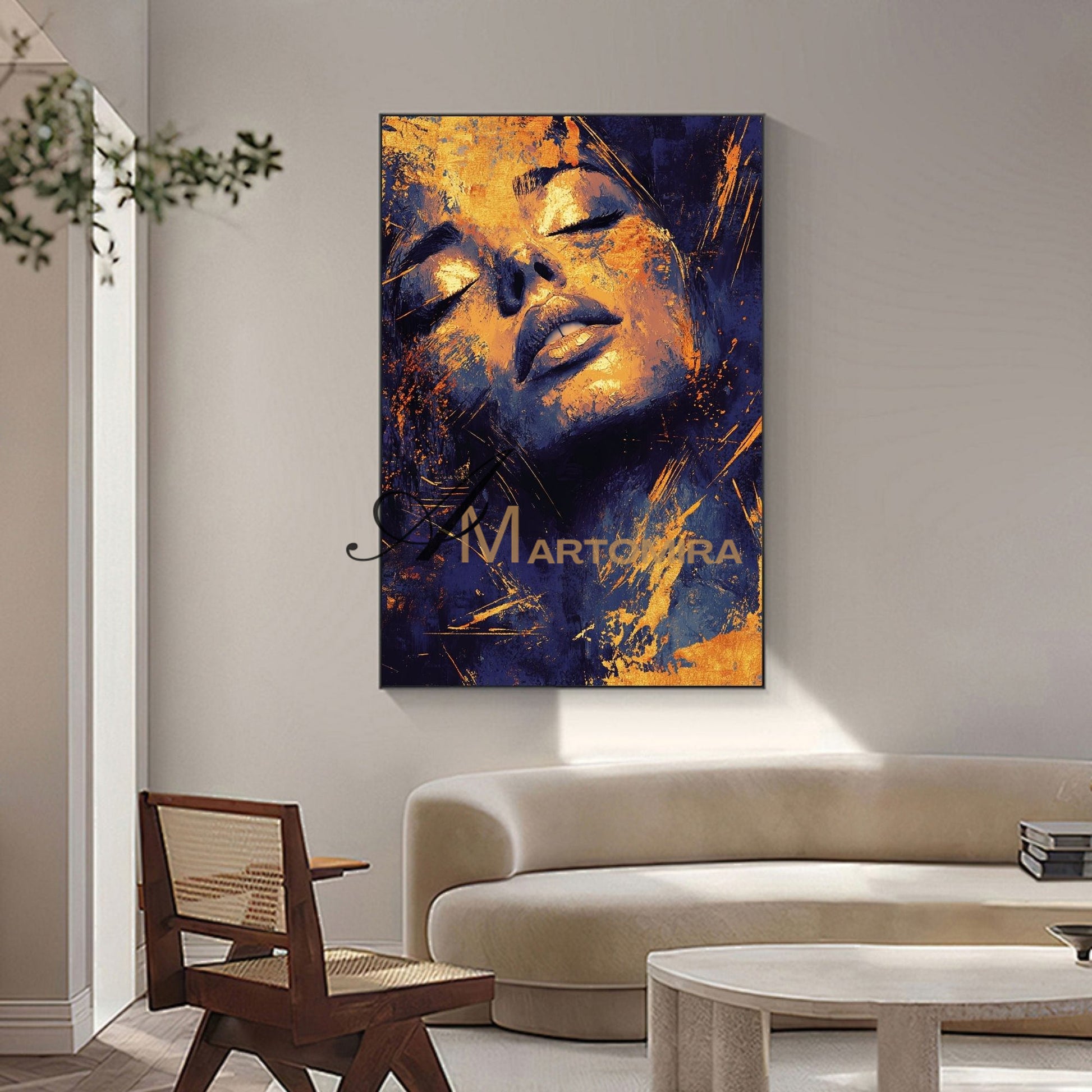 Blue And Gold Wall Art | Abstract Portraits|Canvas Wall Decor | Beautiful Woman Painting #AP005