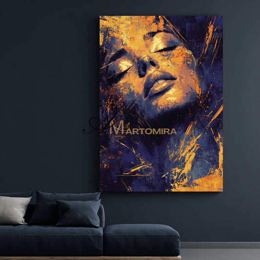 Wandbild in Blau und Gold | Abstrakte Porträts | Leinwandbild | Gemälde einer schönen Frau #AP005