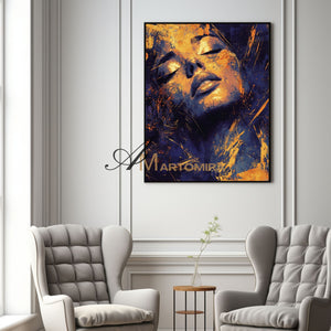 Blue And Gold Wall Art | Abstract Portraits|Canvas Wall Decor | Beautiful Woman Painting #AP005