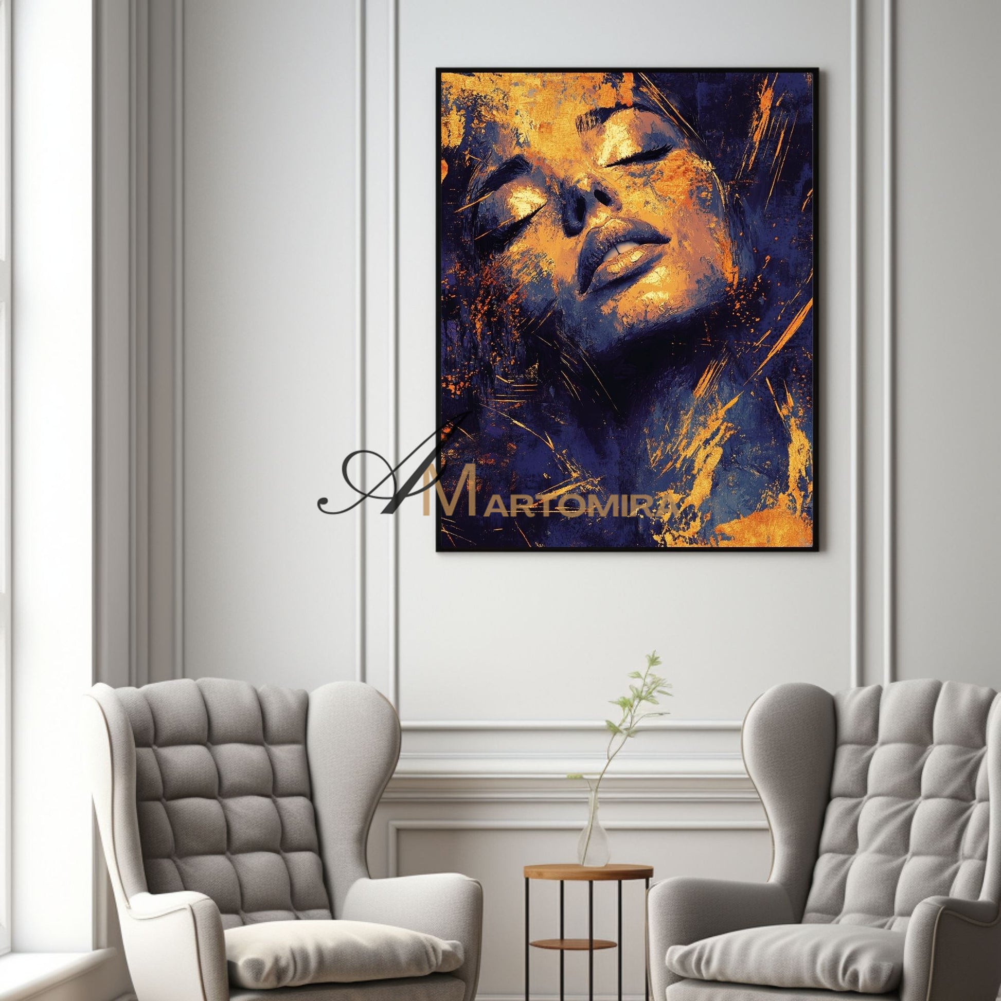 Blue And Gold Wall Art | Abstract Portraits|Canvas Wall Decor | Beautiful Woman Painting #AP005