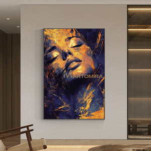Blue And Gold Wall Art | Abstract Portraits|Canvas Wall Decor | Beautiful Woman Painting #AP005