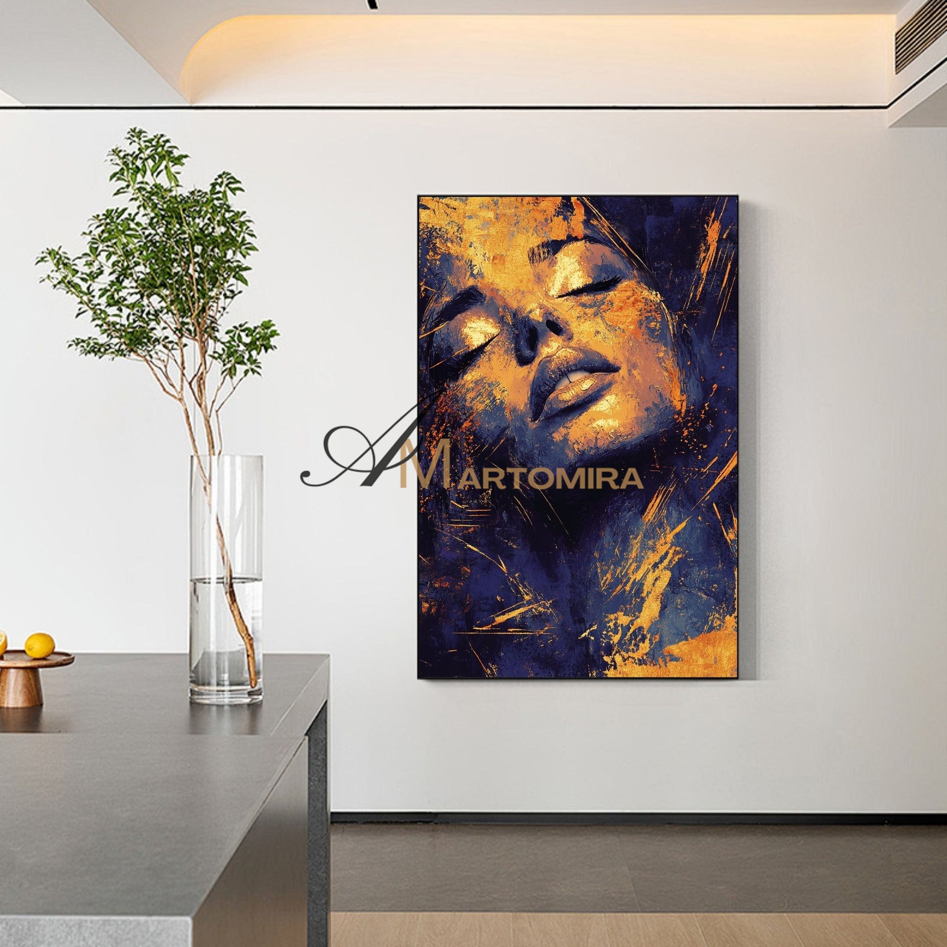 Blue And Gold Wall Art | Abstract Portraits|Canvas Wall Decor | Beautiful Woman Painting #AP005