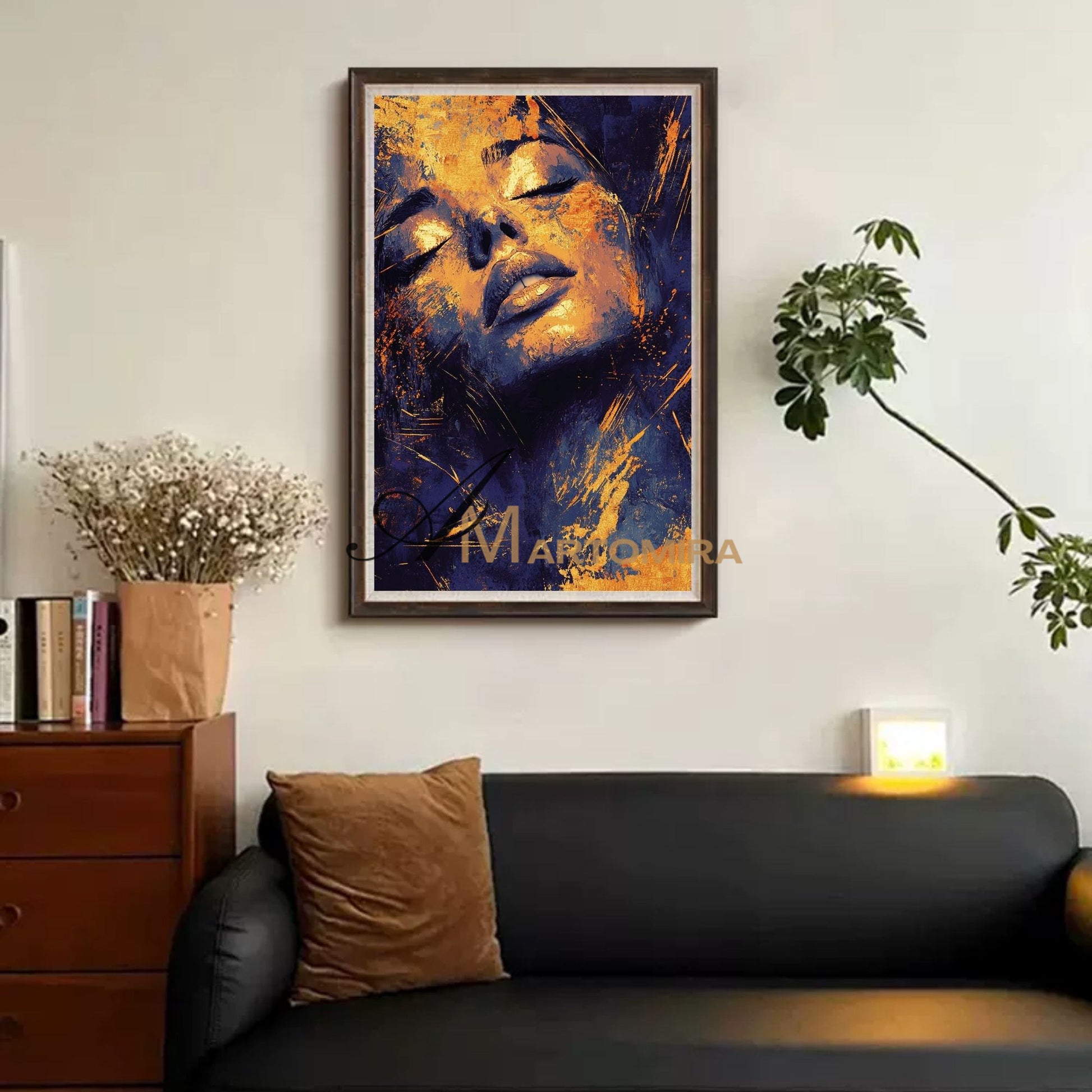 Blue And Gold Wall Art | Abstract Portraits|Canvas Wall Decor | Beautiful Woman Painting #AP005