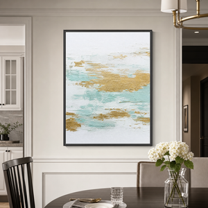 Brush Stroke Abstract Painting with White, Gold, and Teal
