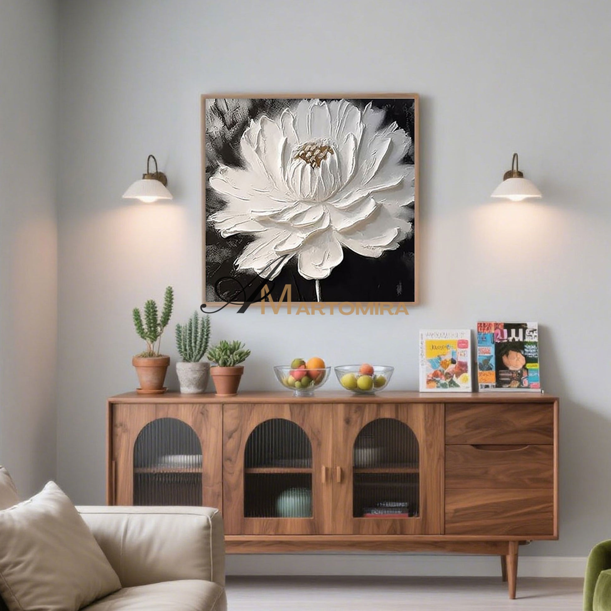 Flower Canvas Painting | White Flower Painting | Textured Wall Art | Black And White Floral Wall Art #MF022