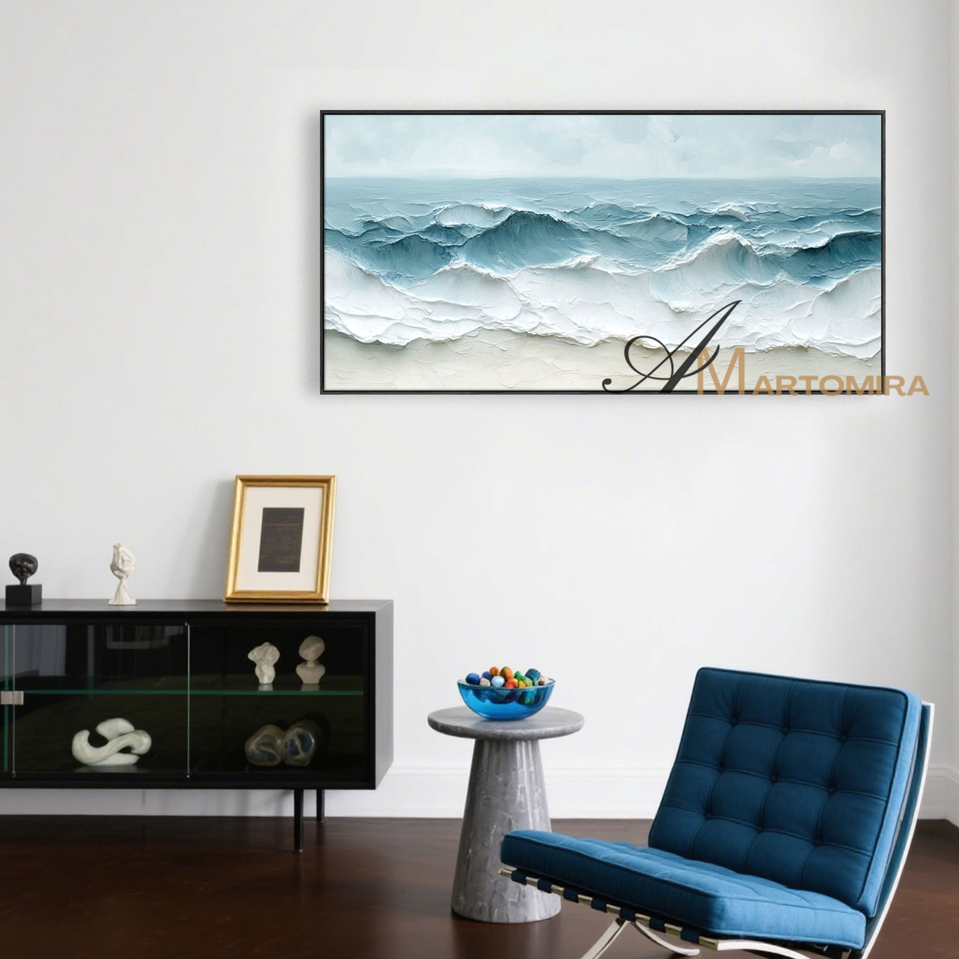 Wave Painting | Textured  Wall Art | Large Blue And White Wall Art | Textured Wall Art For Living Room #POS071