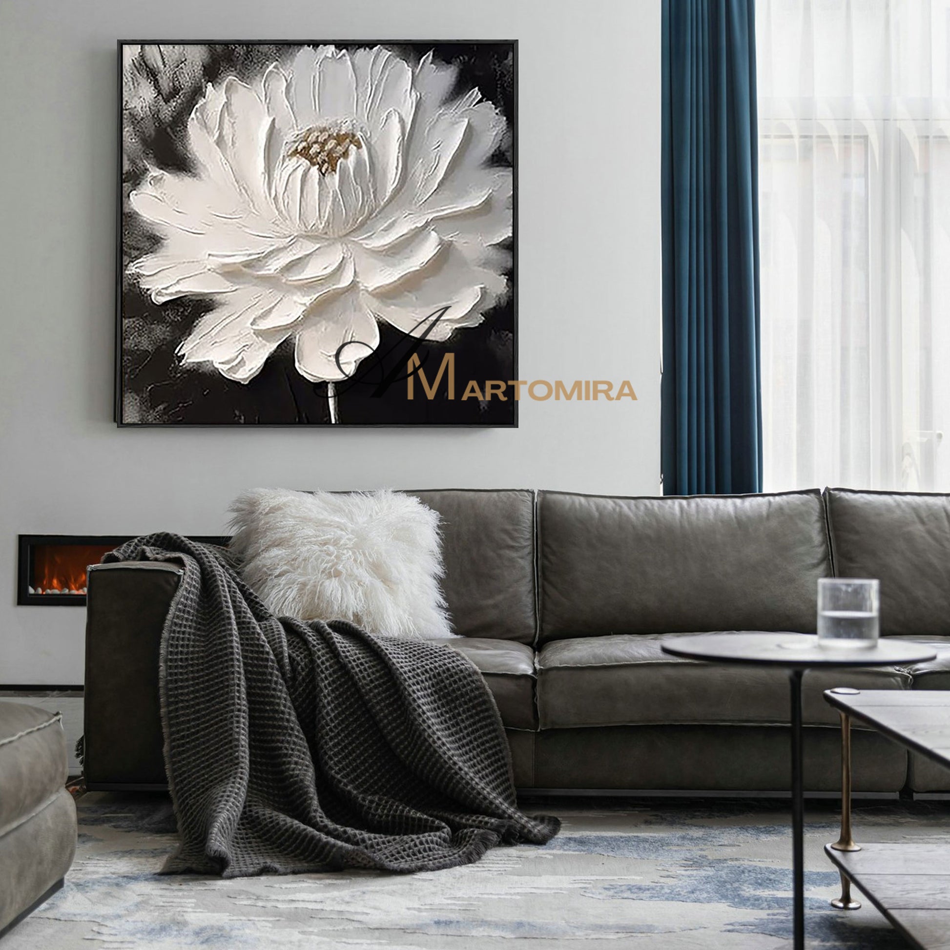 Flower Canvas Painting | White Flower Painting | Textured Wall Art | Black And White Floral Wall Art #MF022