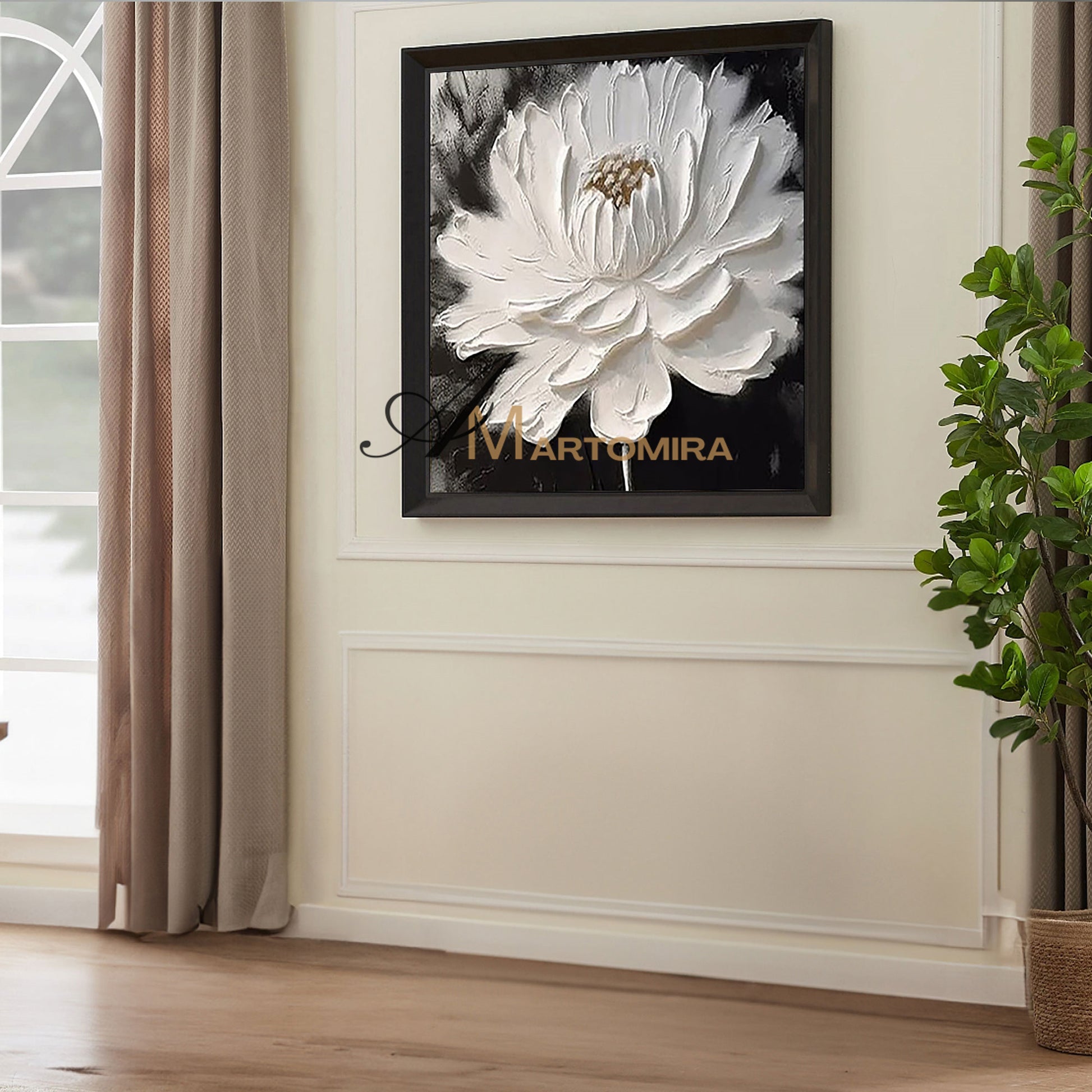 Flower Canvas Painting | White Flower Painting | Textured Wall Art | Black And White Floral Wall Art #MF022