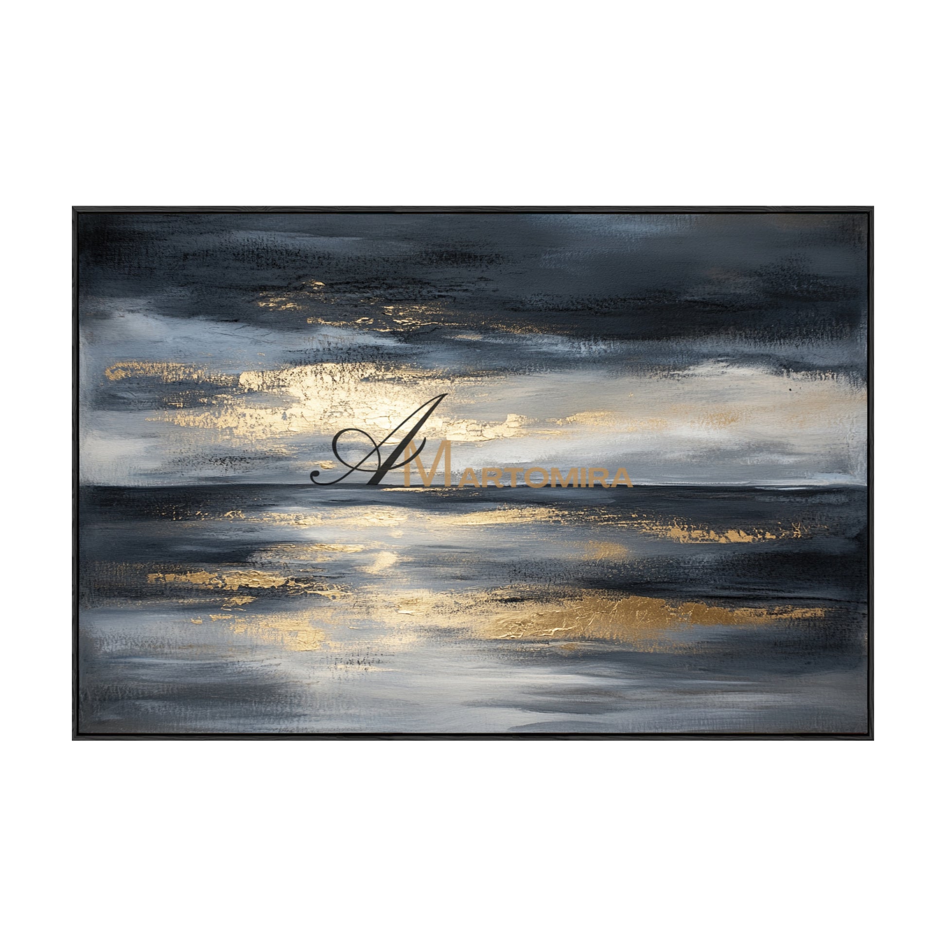Landscape Wall Art | Abstract Ocean Painting | Black And Gold Wall Art | Large Abstract Wall Art #POS073