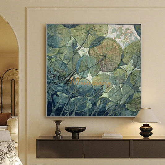 Acrylic Flower Painting | Green Wall Art | Lotus Painting | Handmade Paintings For Living Room #MF023