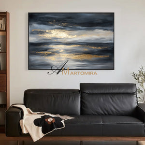 Landscape Wall Art | Abstract Ocean Painting | Black And Gold Wall Art | Large Abstract Wall Art #POS073