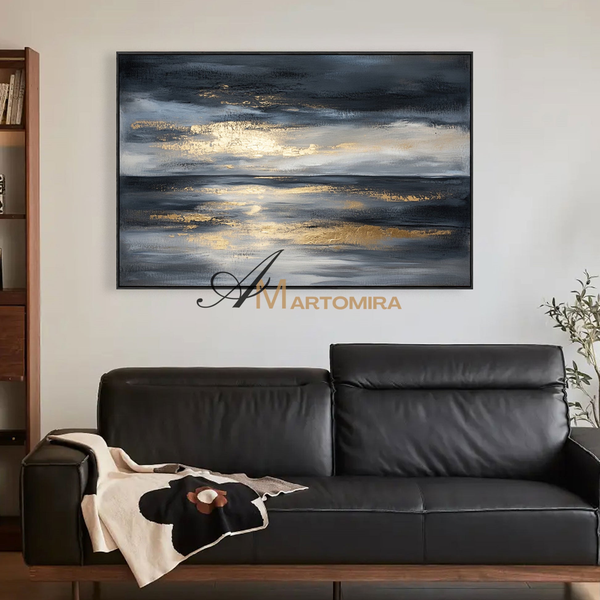 Landscape Wall Art | Abstract Ocean Painting | Black And Gold Wall Art | Large Abstract Wall Art #POS073