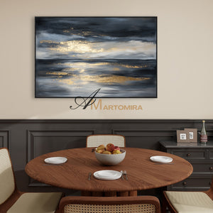 Landscape Wall Art | Abstract Ocean Painting | Black And Gold Wall Art | Large Abstract Wall Art #POS073