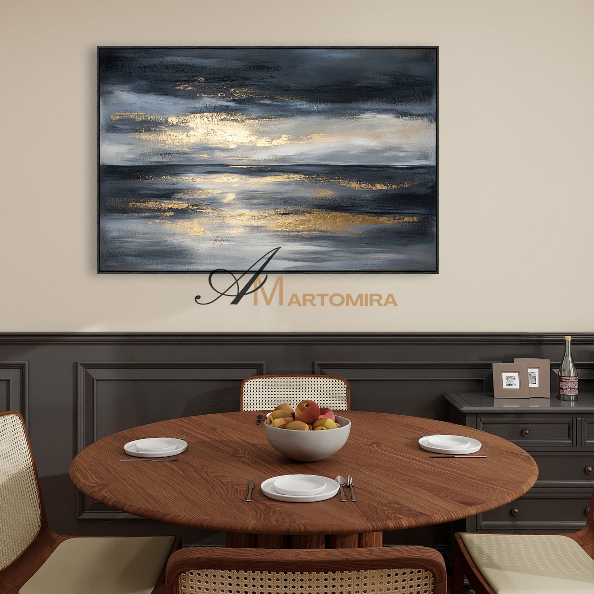 Landscape Wall Art | Abstract Ocean Painting | Black And Gold Wall Art | Large Abstract Wall Art #POS073