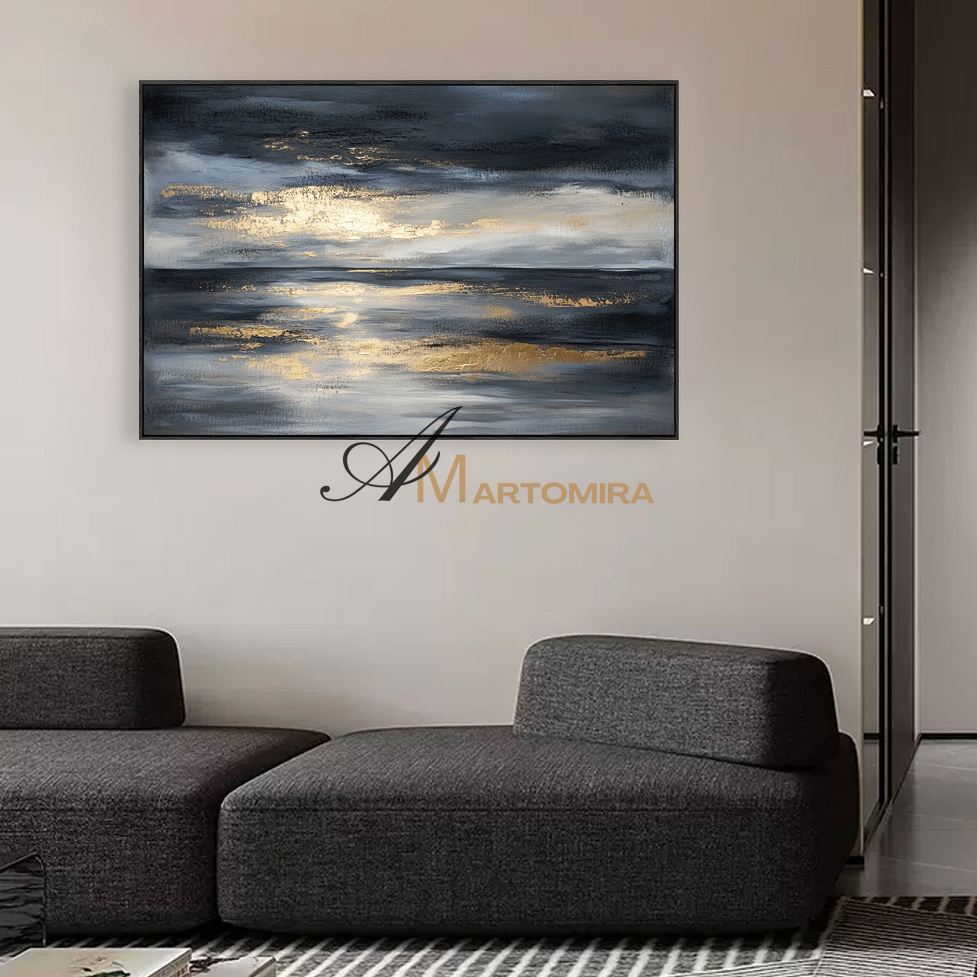 Landscape Wall Art | Abstract Ocean Painting | Black And Gold Wall Art | Large Abstract Wall Art #POS073